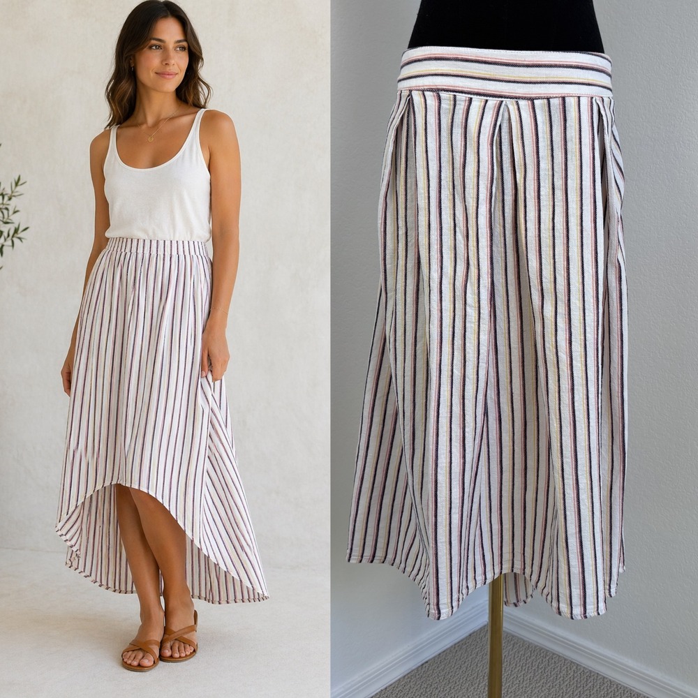 Max Studio Striped High Lo Maxi Skirt, Size Large, Linen Cotton‎ Beachy boho